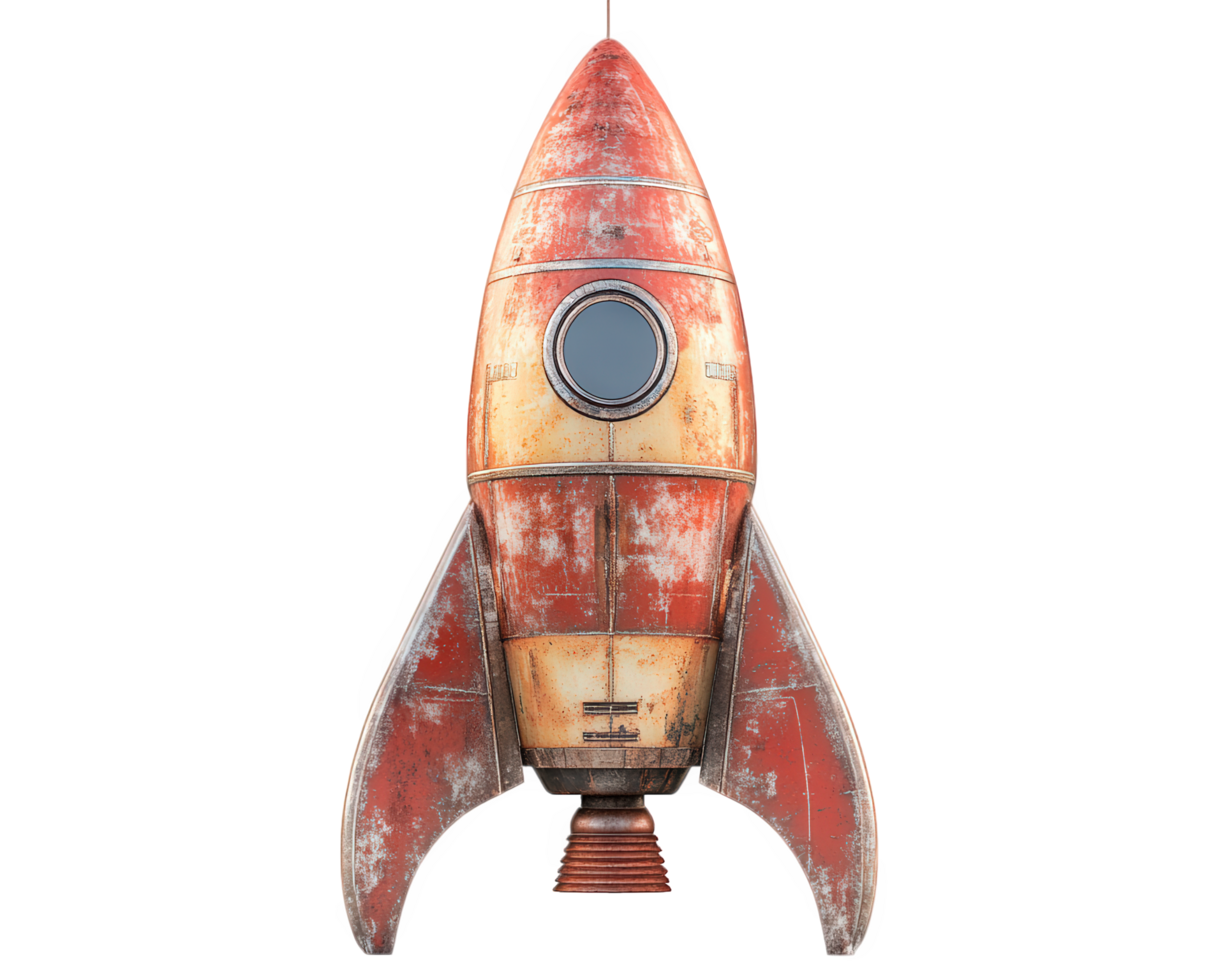 A red and white rocket ship on a black background png