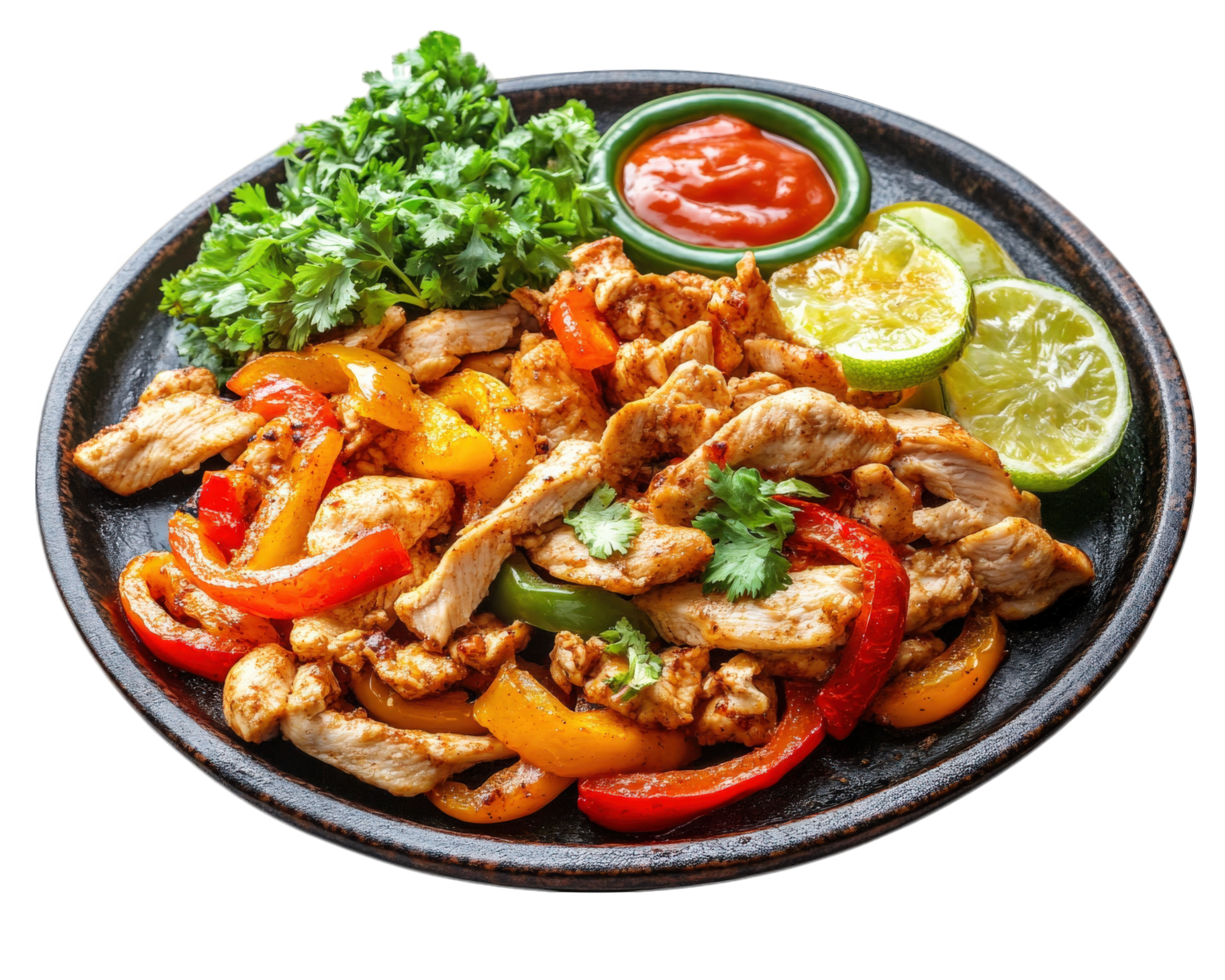 Chicken with peppers and tomatoes on a plate png