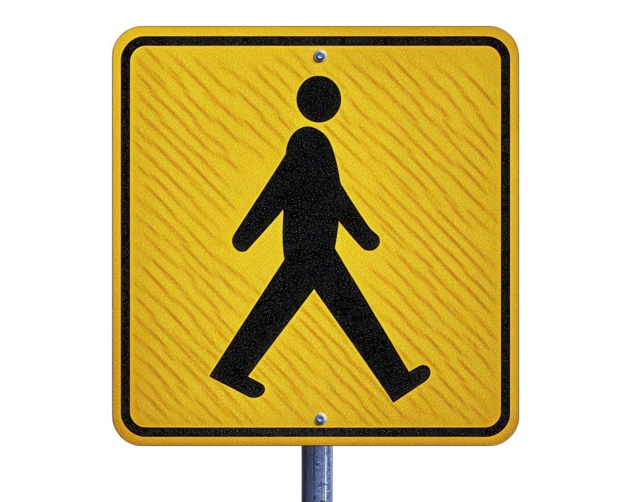 A pedestrian sign with a black silhouette of a person png
