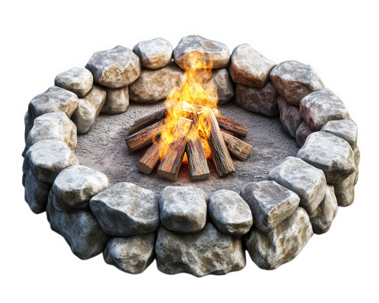 A fire pit with logs and stones on a black background png