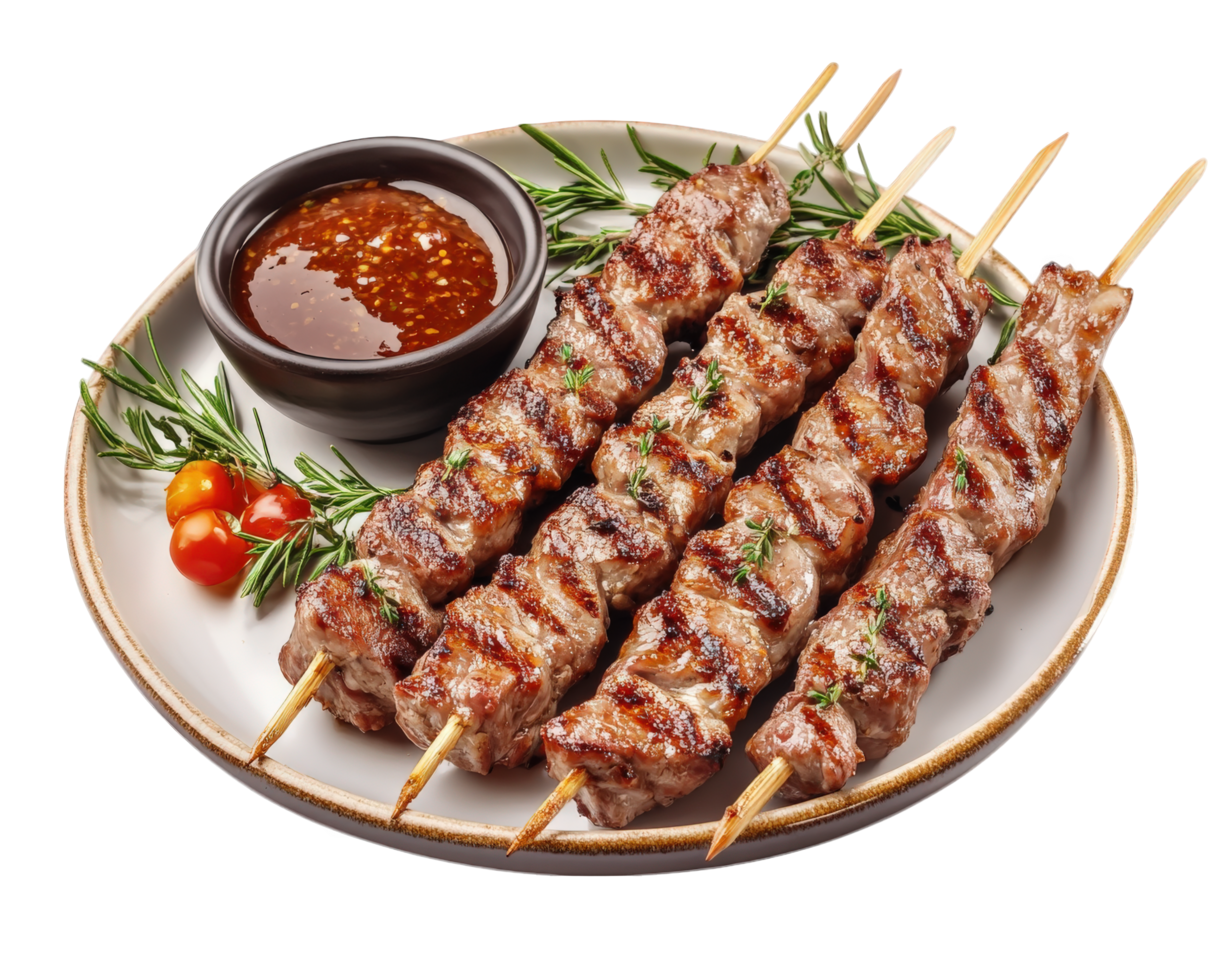 Grilled meat skewers on a plate with sauce png