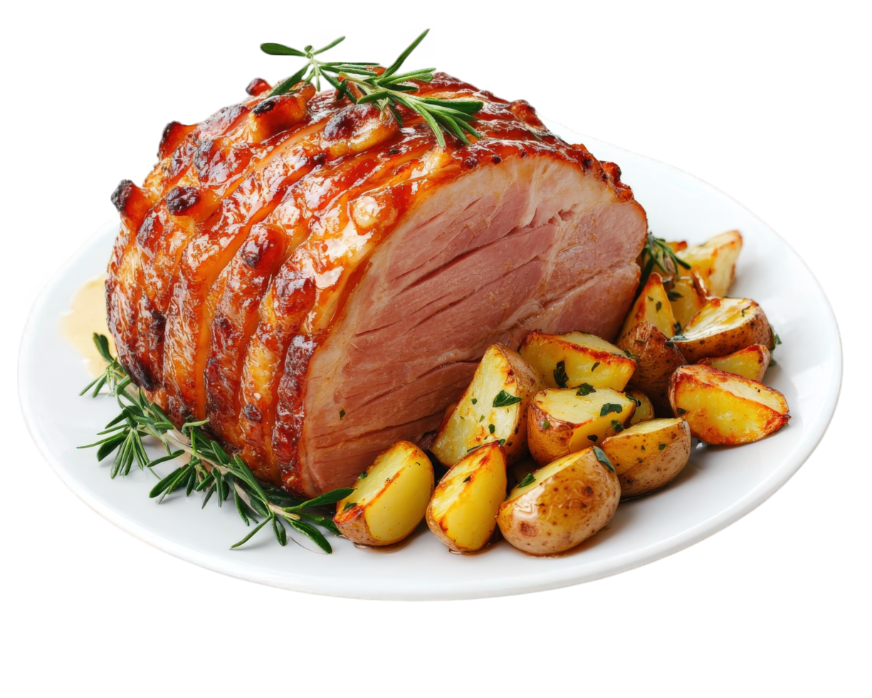A plate with a ham, potatoes and rosemary png