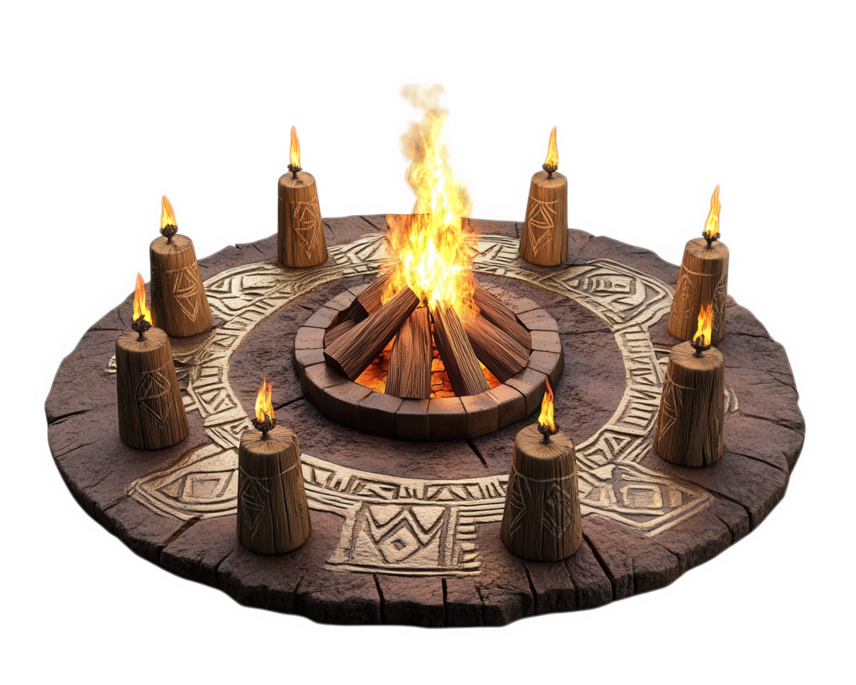 A circle of burning logs with a fire pit in the middle png