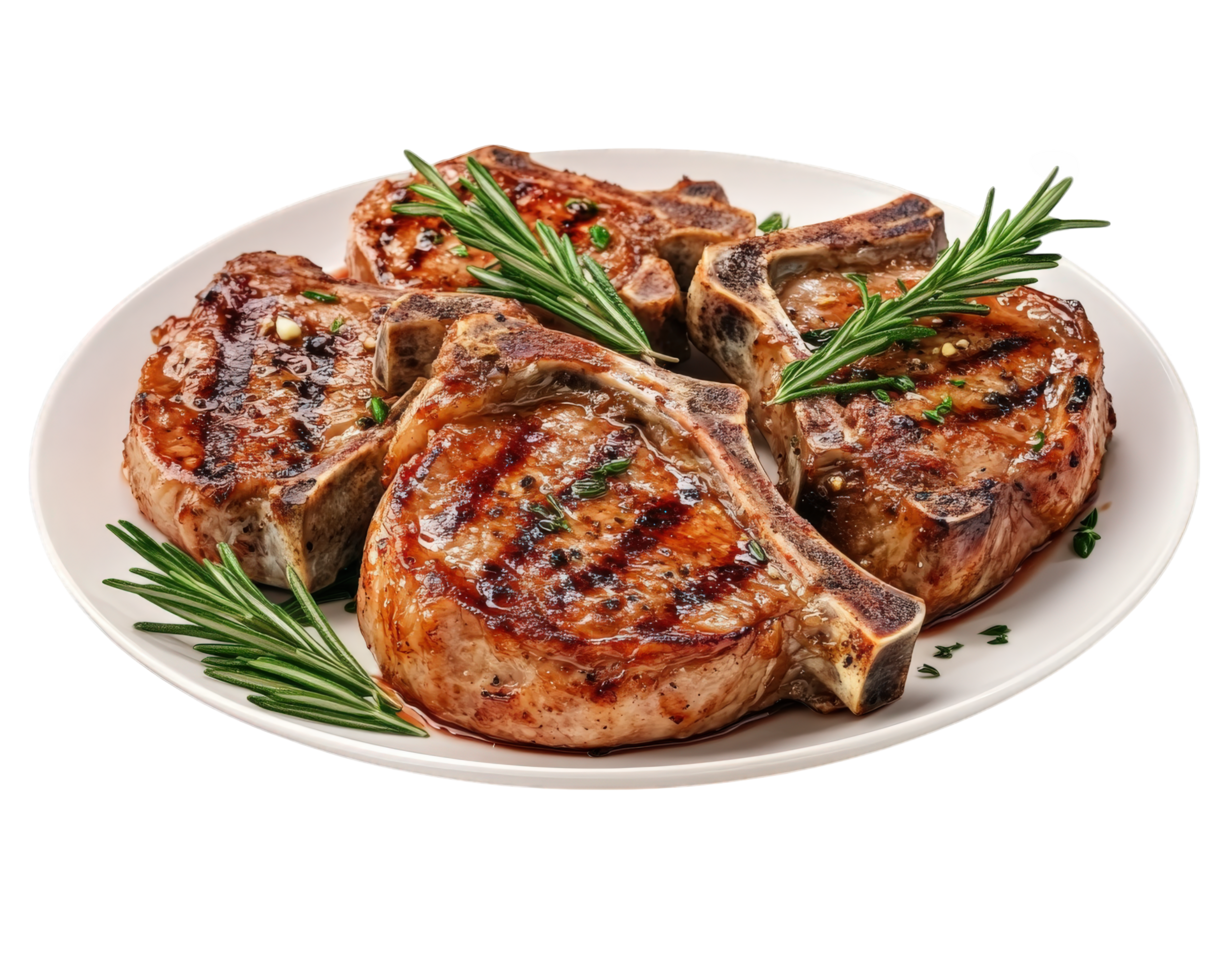 Grilled pork chops on a plate with rosemary png