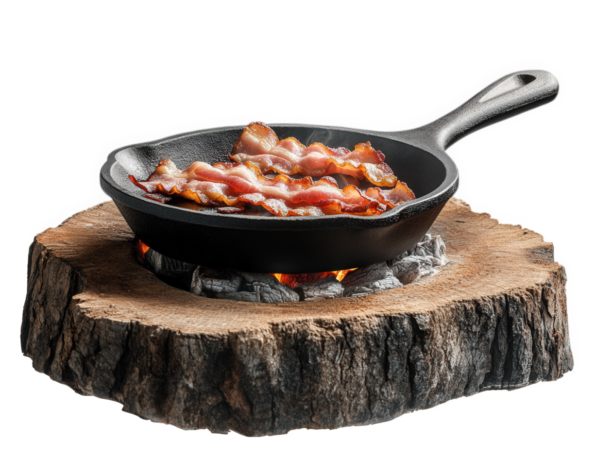 A skillet with bacon on top of a log png