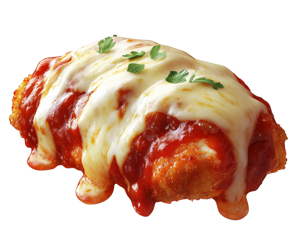 A chicken parmigiana with cheese and sauce png