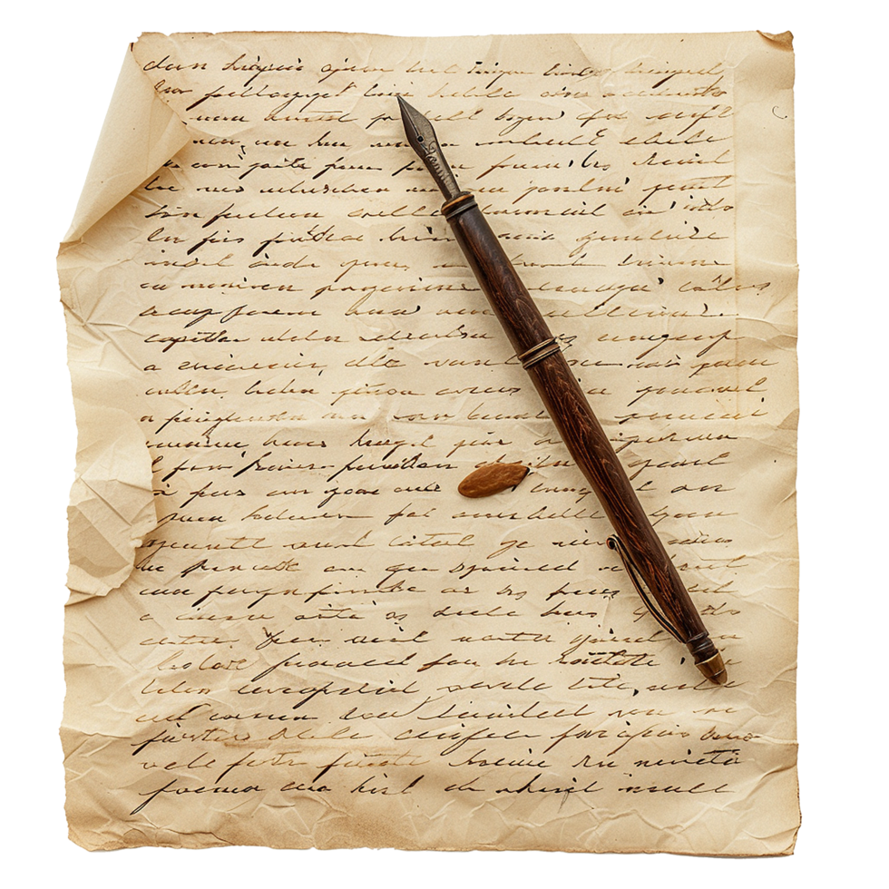 Aged Handwritten Letter with Antique Pen and Nut png