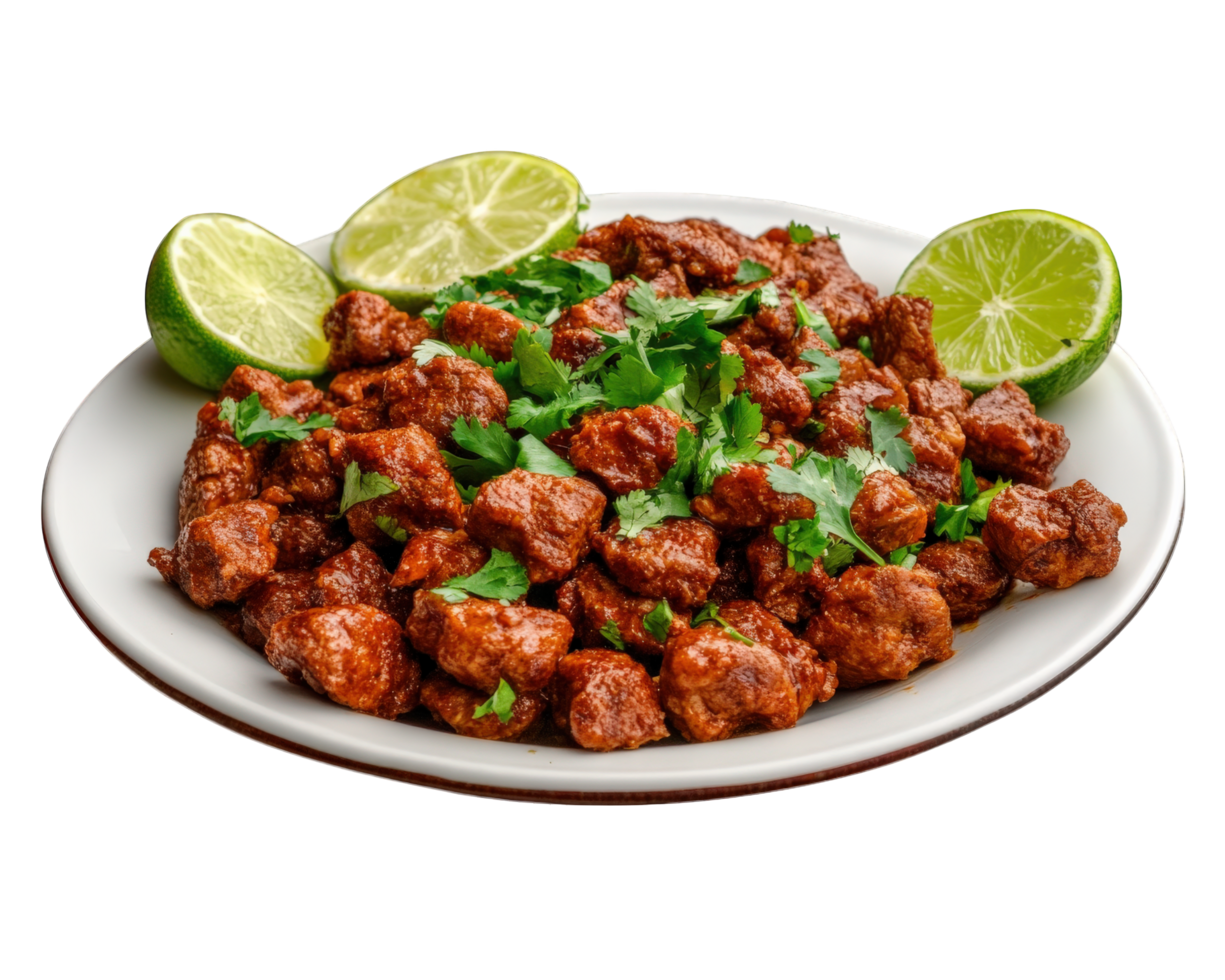A plate of meat with lime wedges and cilantro png