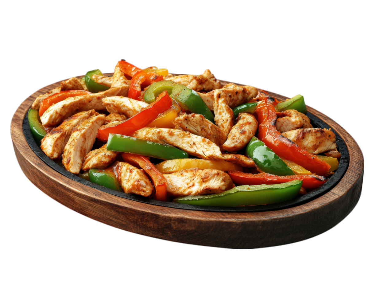 Chicken fajitas with peppers and onions png