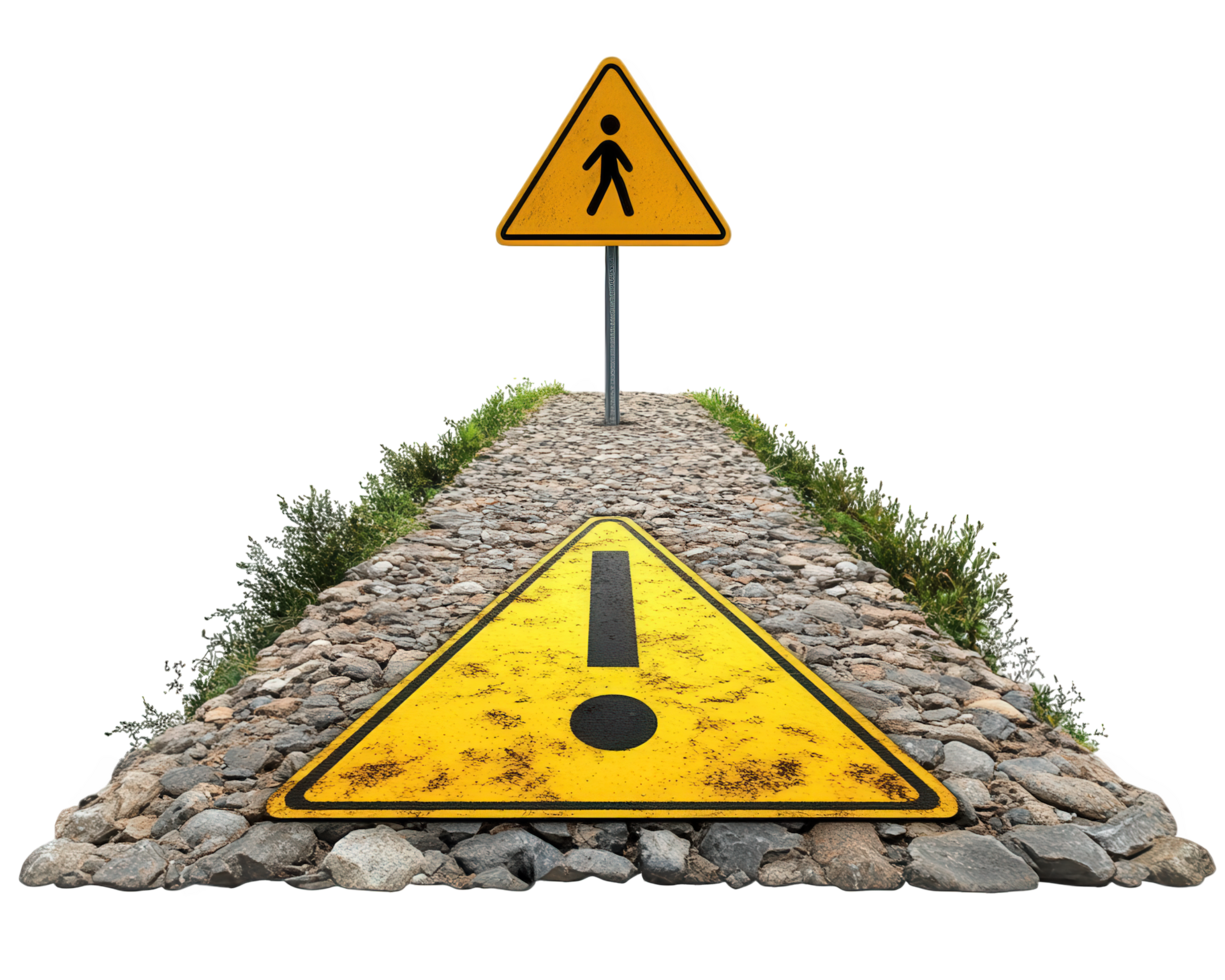 A yellow caution sign on a path with rocks png