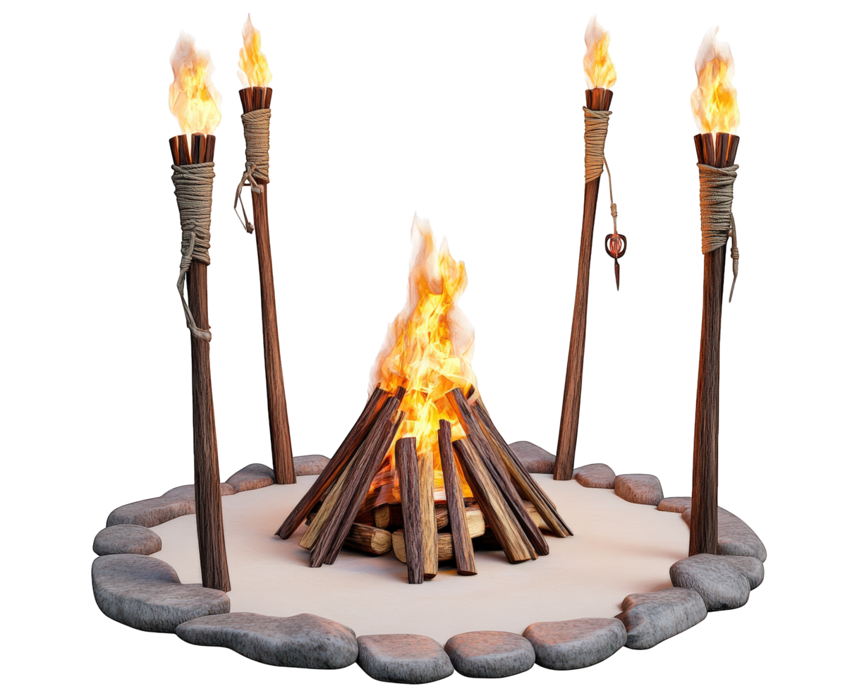 A fire pit with three sticks and a small fire png
