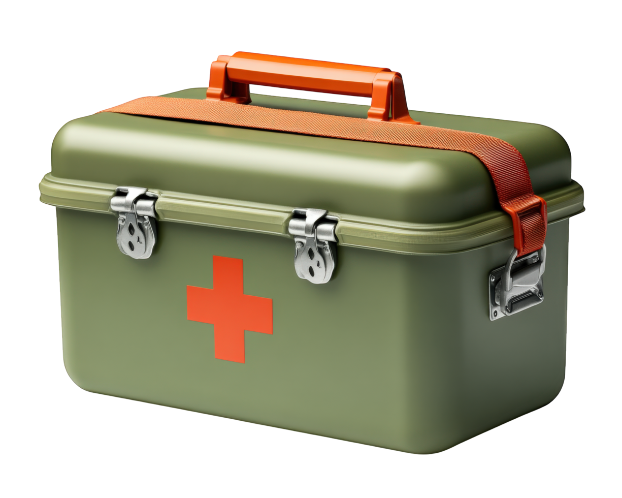 An army green first aid kit with orange straps png