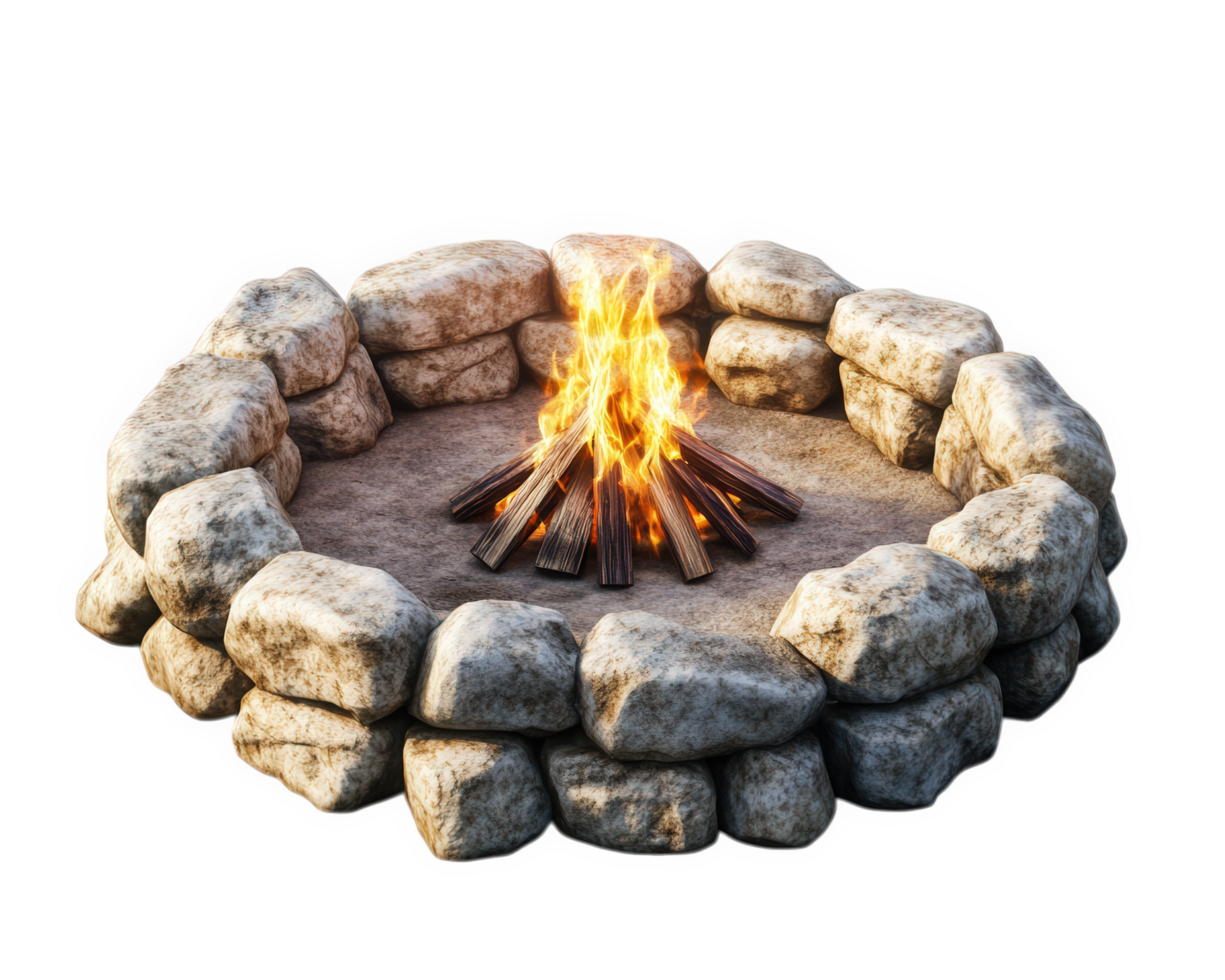 Fire pit with stones and logs on a black background png