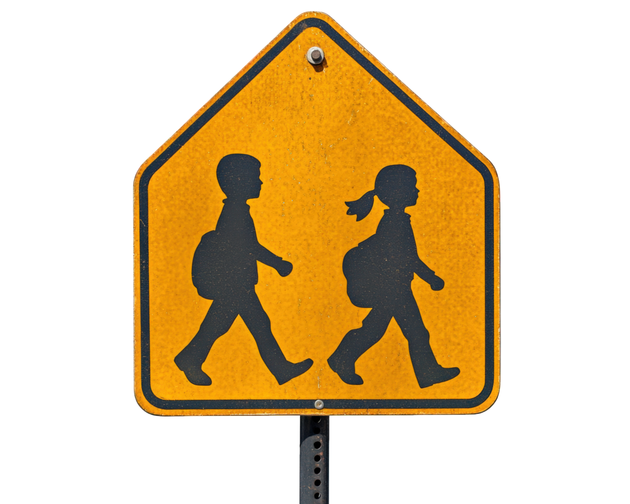 A yellow school crossing sign with two children walking png