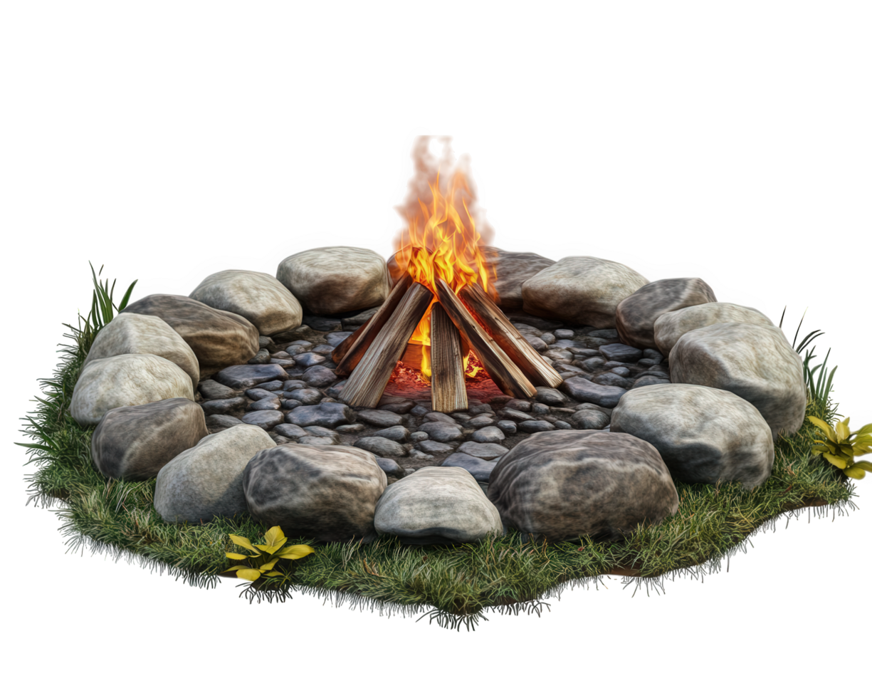 A fire pit with rocks and grass png