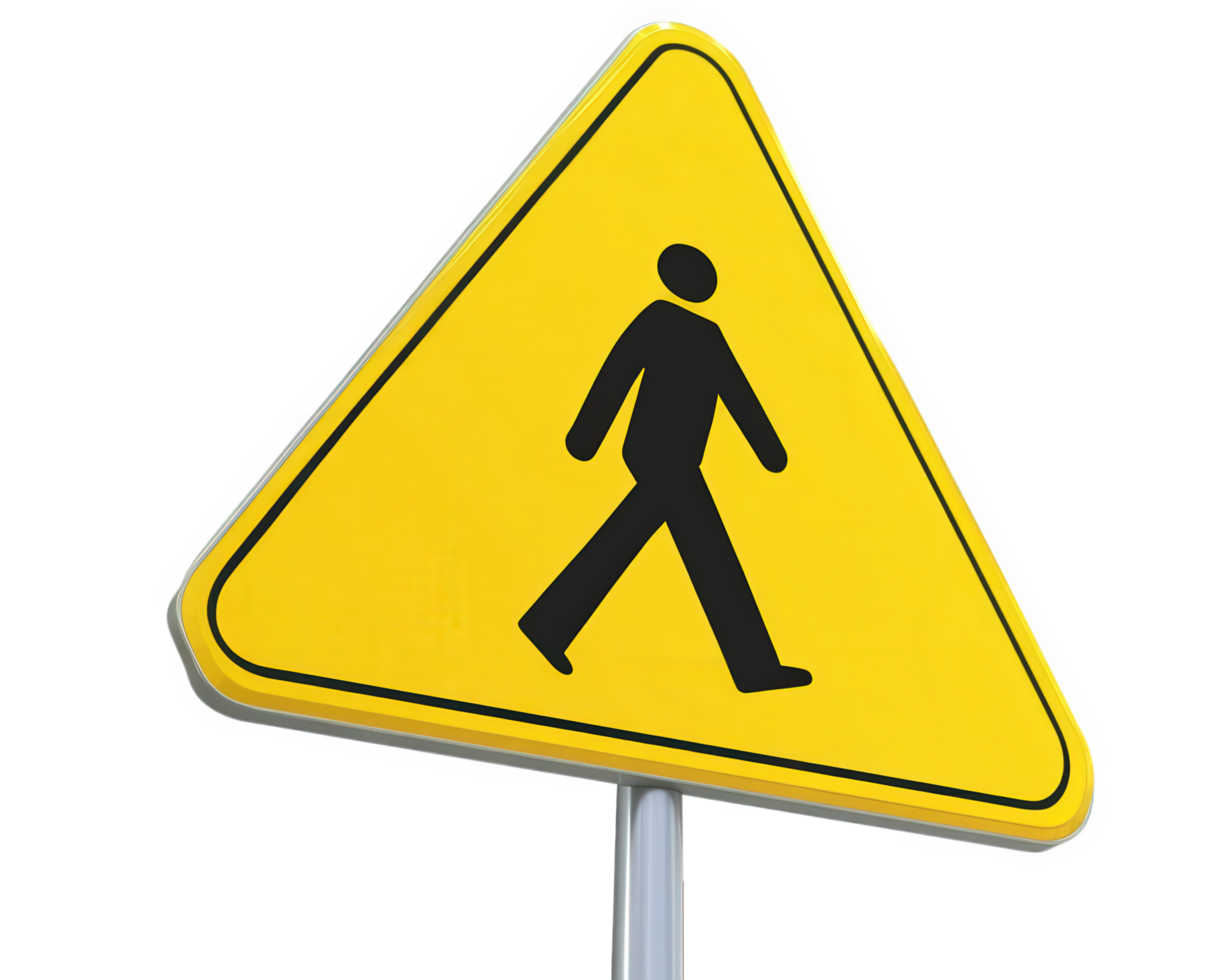 A yellow pedestrian sign with a black silhouette of a person walking png