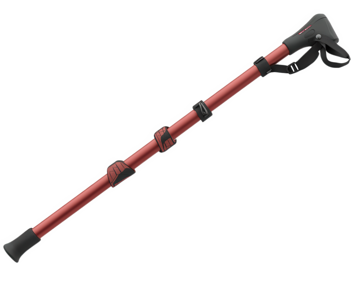 A red and black walking stick with a handle png