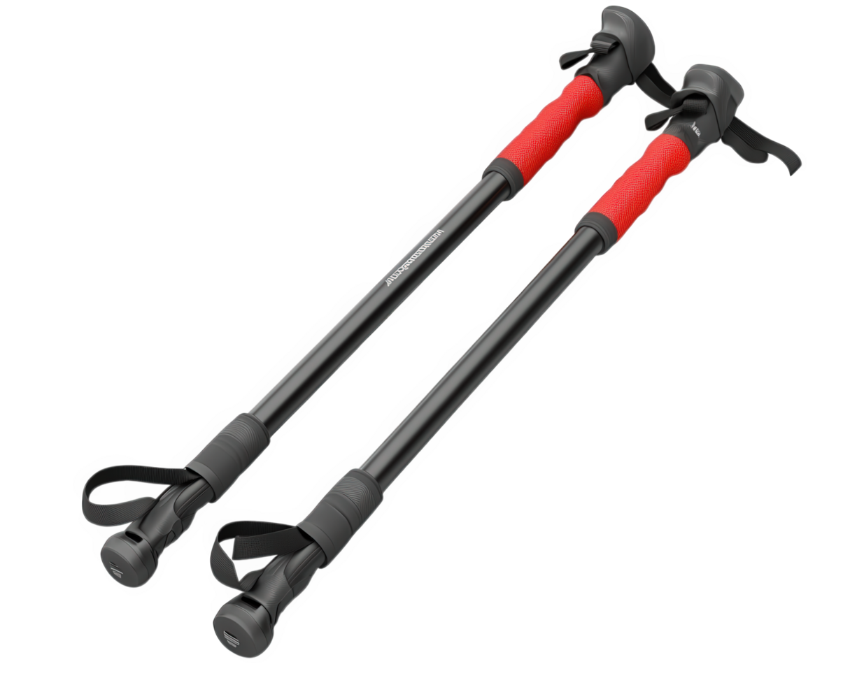 Two hiking poles with red handles on a black background png