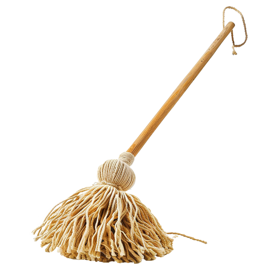 A Traditional String Mop with a Long Wooden Handle for Cleaning Floors png