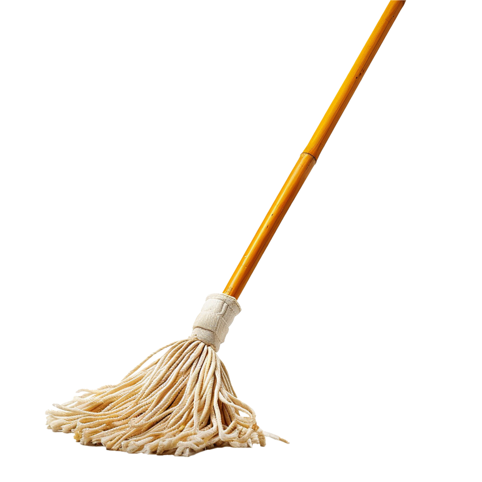 A Traditional String Mop with a Long Wooden Handle Against a Light Background png