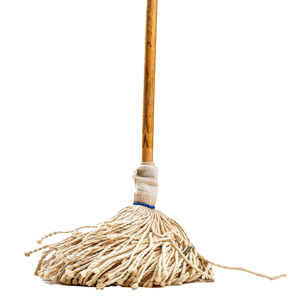 A Classic String Mop with a Wooden Handle Ready for Cleaning png