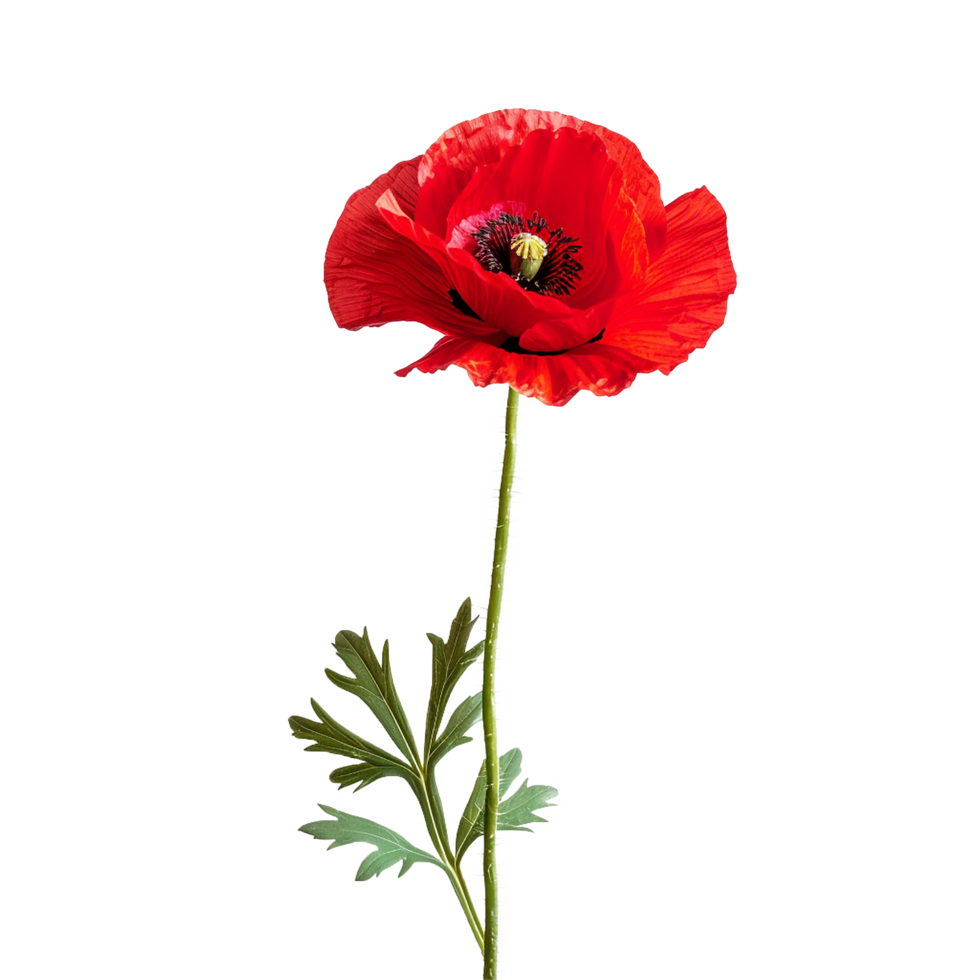 A single red poppy flower with green stem and leaves against a white background png