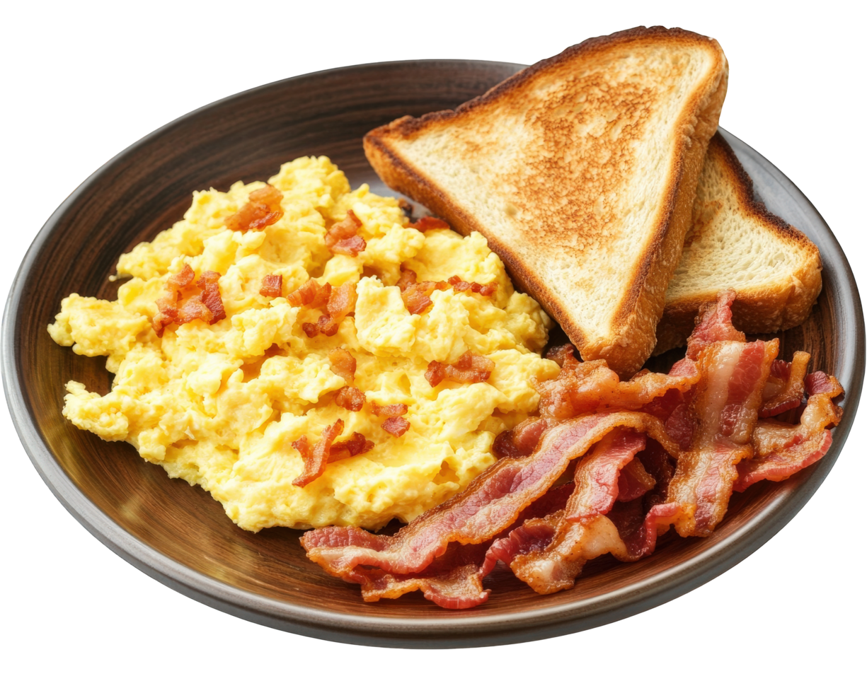 Scrambled eggs, bacon and toast on a plate png