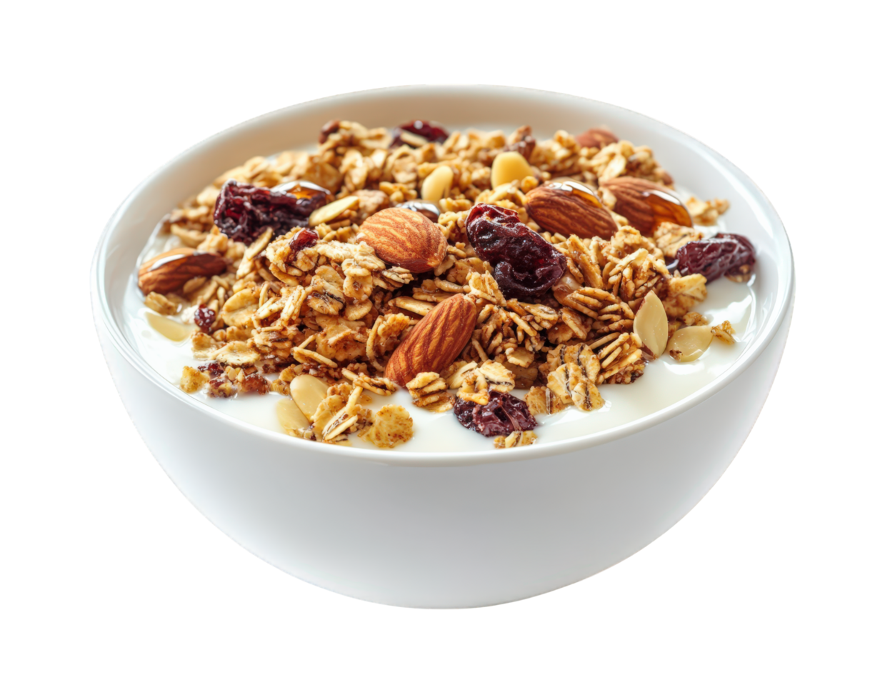 Granola with almonds and cranberries in a bowl on a black background png