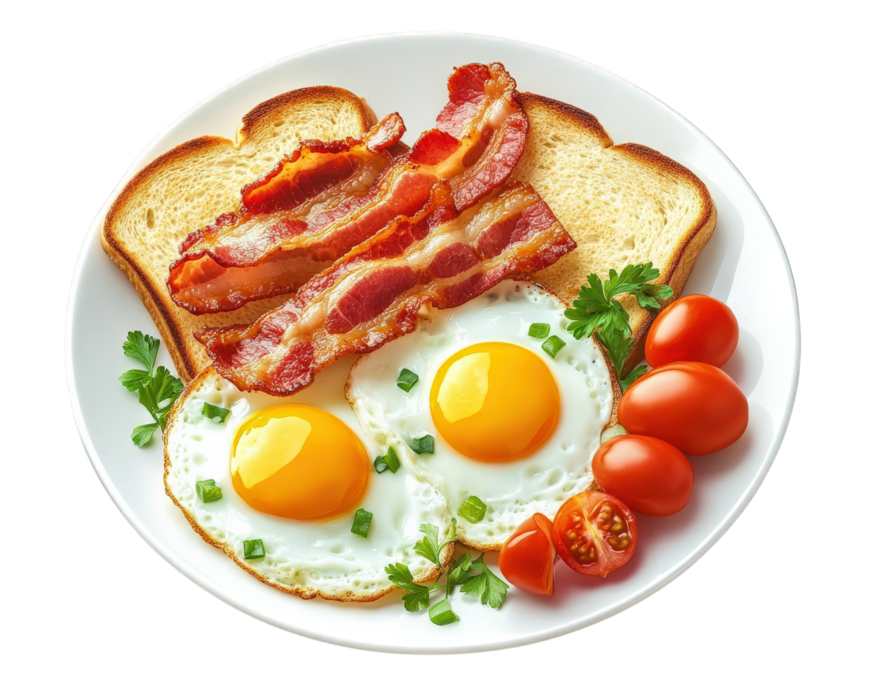 A plate with eggs, bacon and tomatoes png