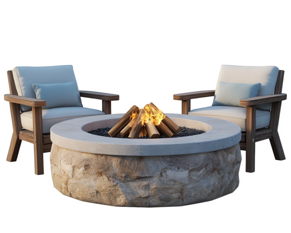 A stone fire pit with two chairs and a fire pit png