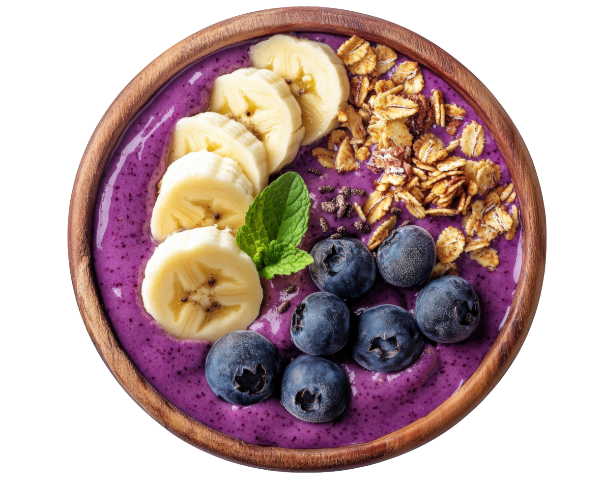 Blueberry smoothie bowl with banana, blueberries and granola on a black background png