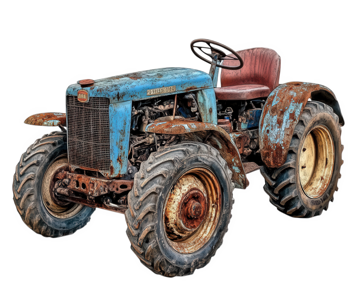 An old blue tractor with a rusty paint job png