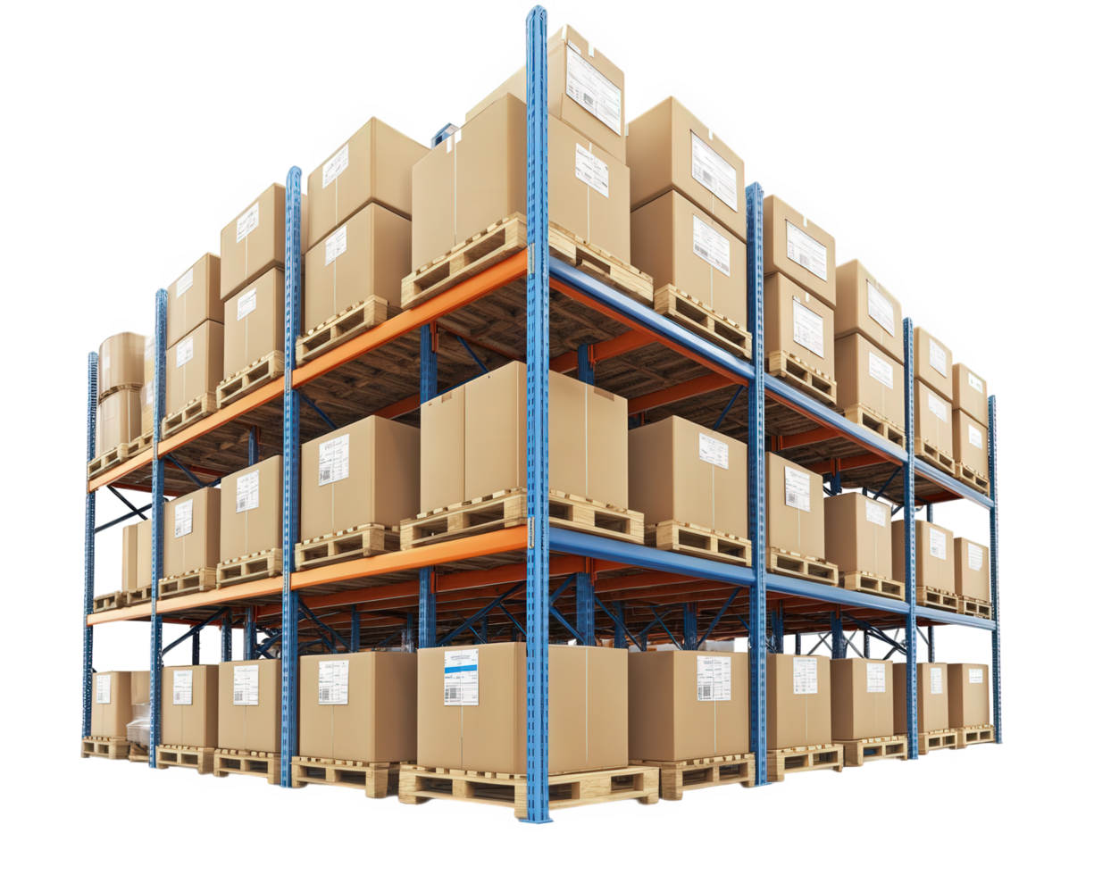 A large warehouse with boxes and pallets png