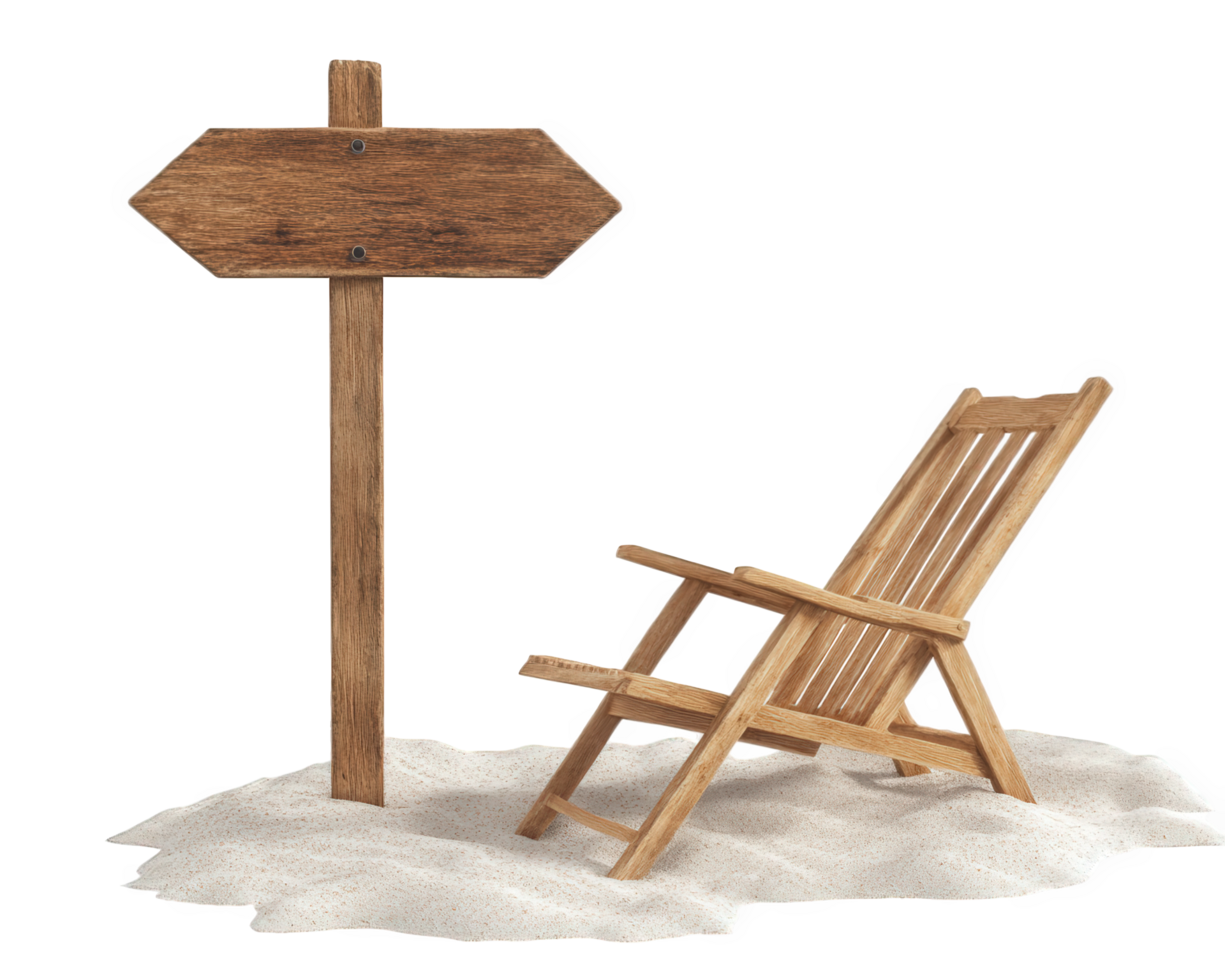 A wooden chair and a signpost on a beach png