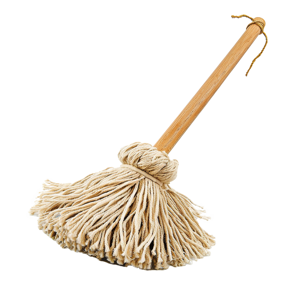 A Traditional Cotton String Mop with Wooden Handle for Cleaning Floors png