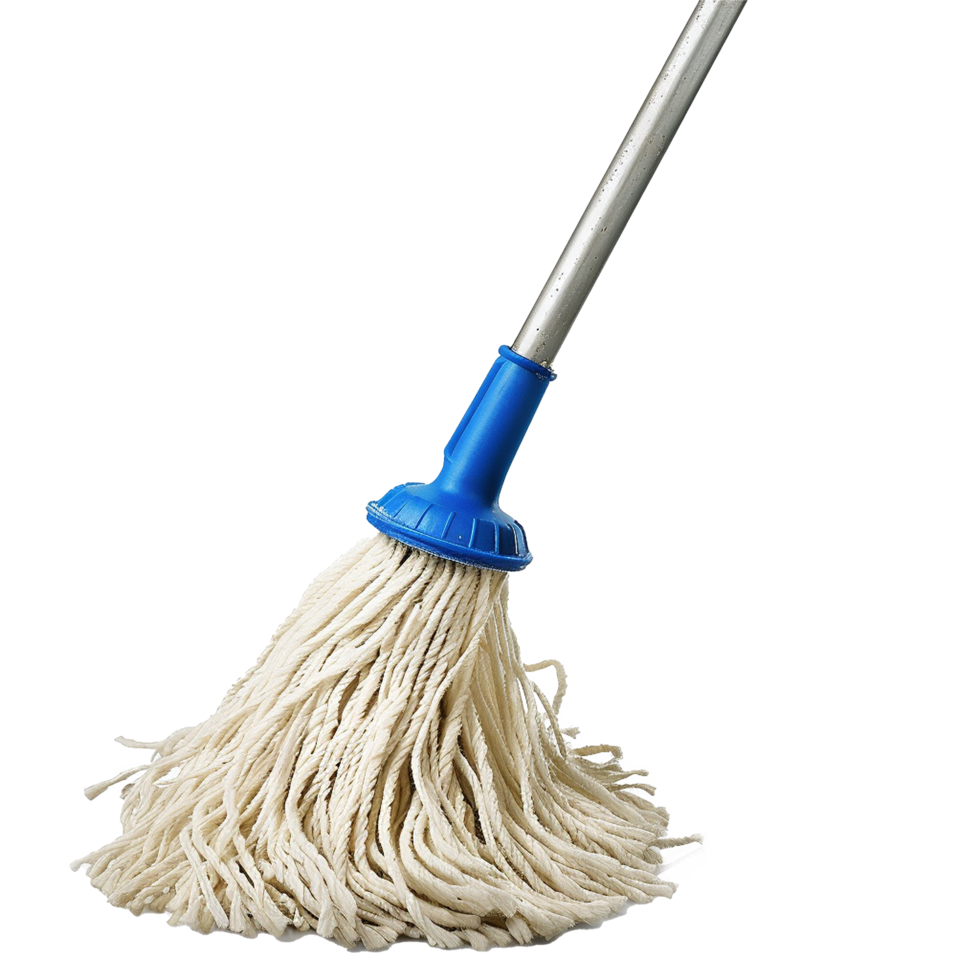A Closeup View of a String Mop with a Blue Plastic Head and a Metal Handle png