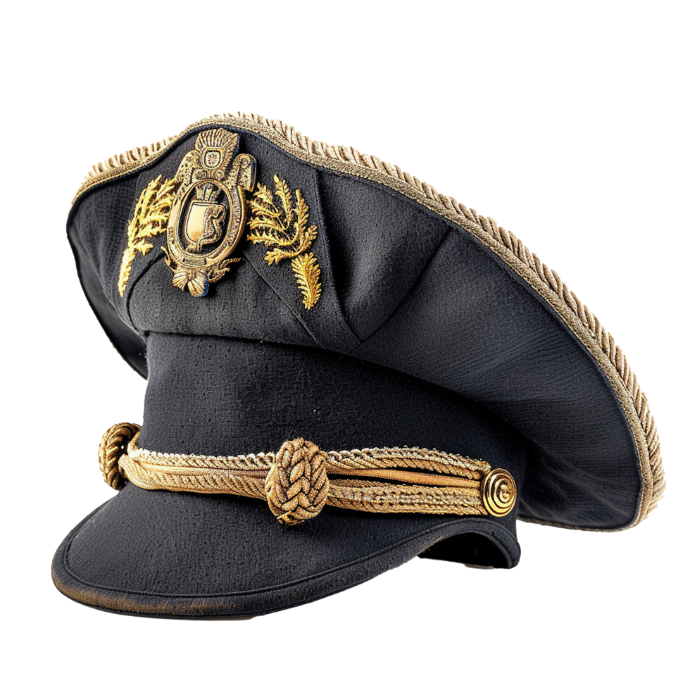 Vintage Military Officer's Peaked Cap with Gold Braid and Embroidered Crest png