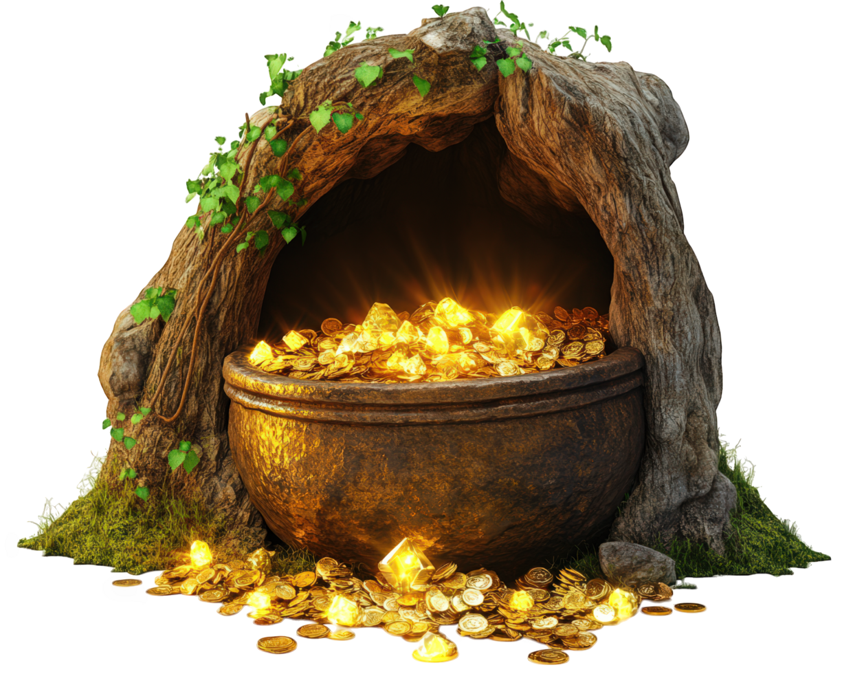 A pot filled with gold coins on a black background png