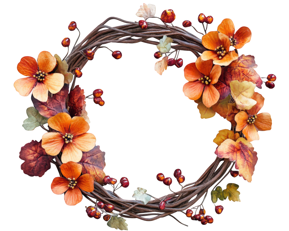 A wreath with orange flowers and berries png