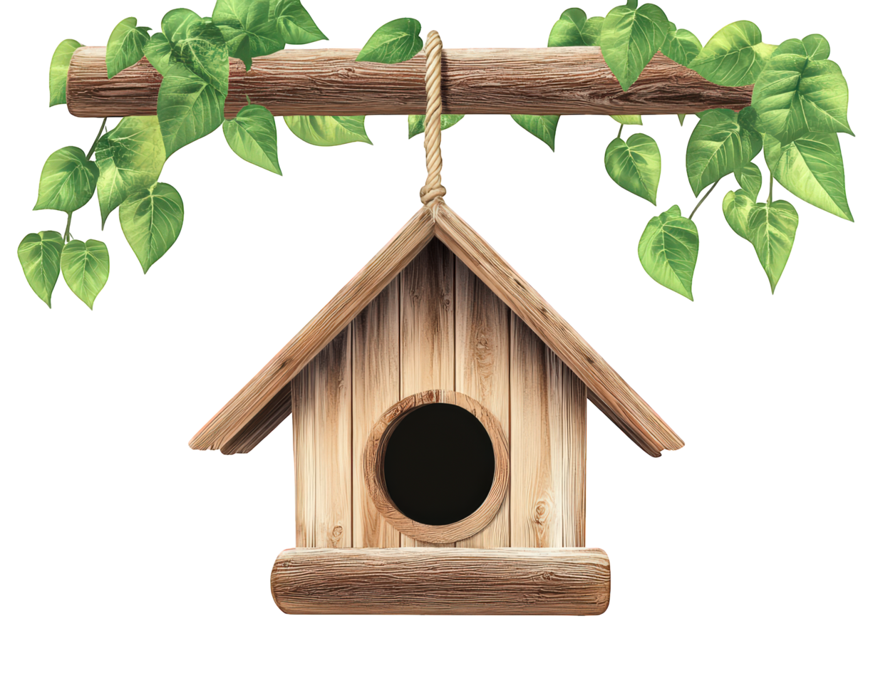 Bird house with ivy hanging from the branch png