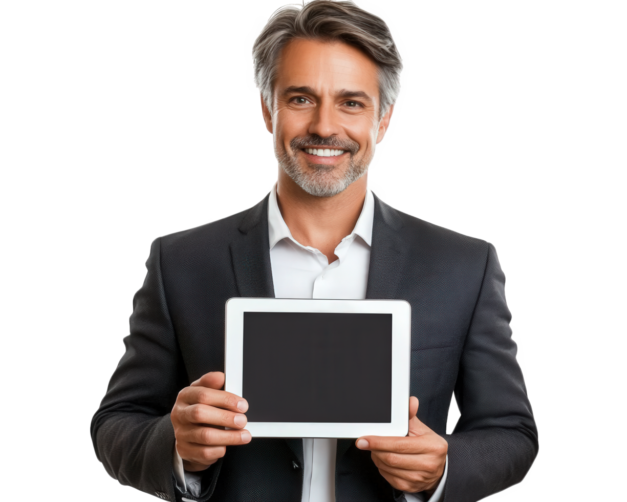 A man in a suit holding up a tablet computer png