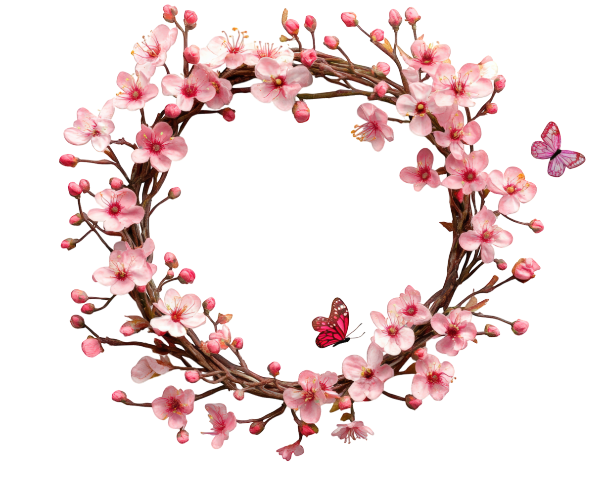 A wreath of pink flowers and butterflies png