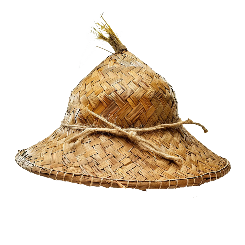 A Traditional Asian Conical Straw Hat with a Raffia Topknot png