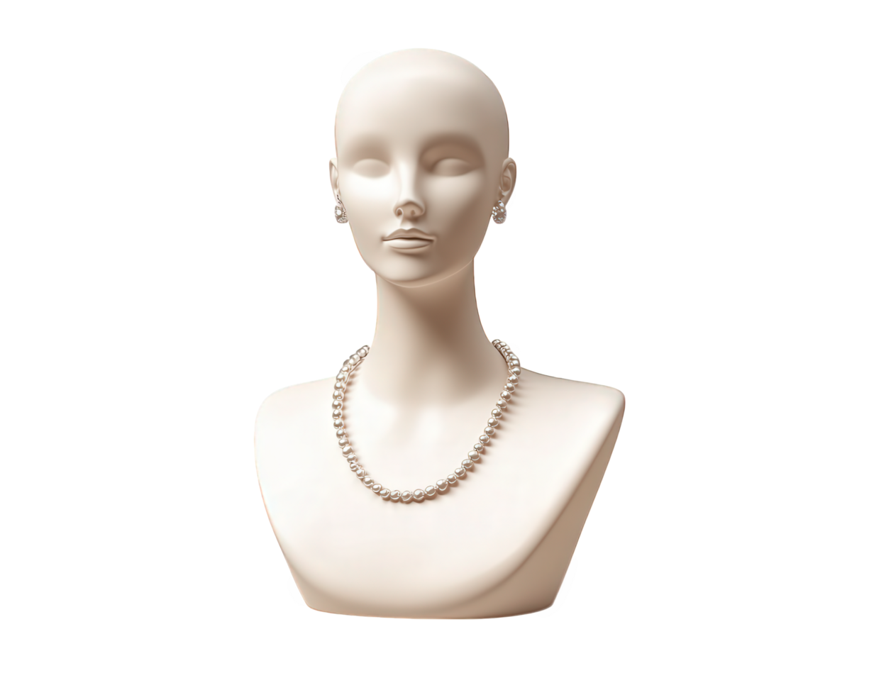 A white mannequin head with pearls on a black background png
