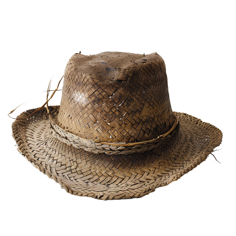 A wellworn vintage straw hat with a wide brim and woven texture png