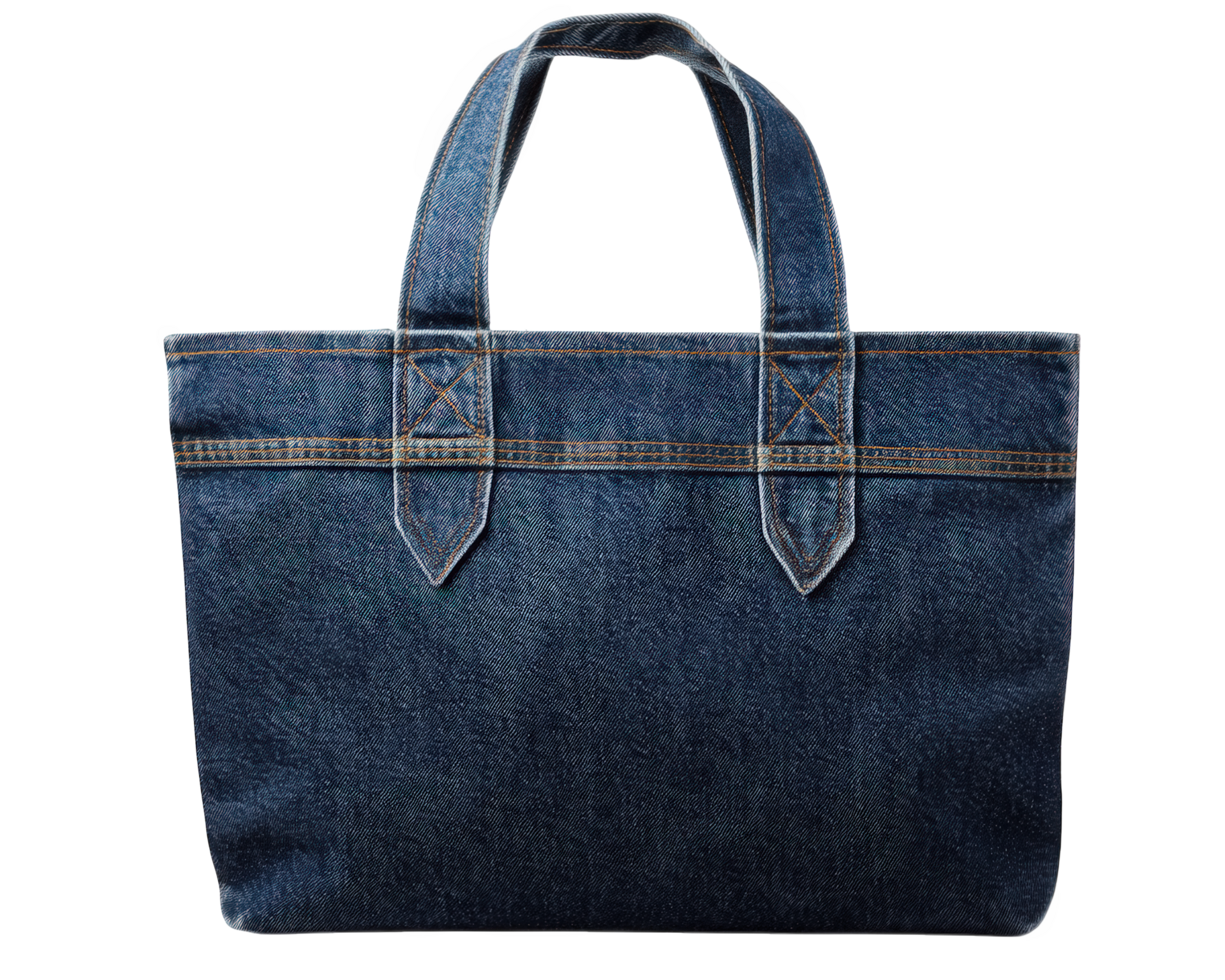 A denim tote bag with a zipper closure png