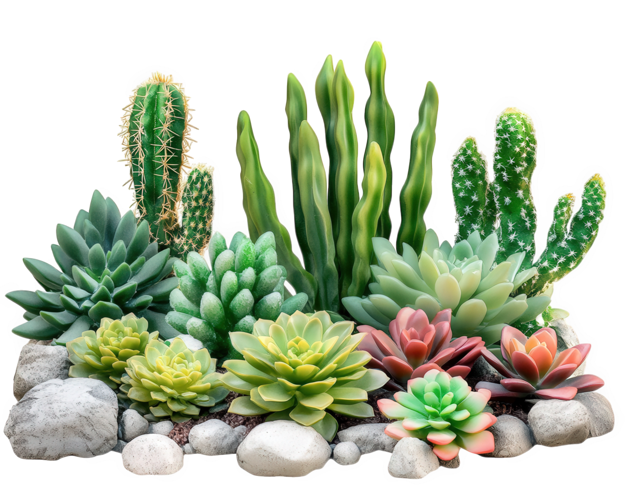 A group of succulents and cacti in a planter png