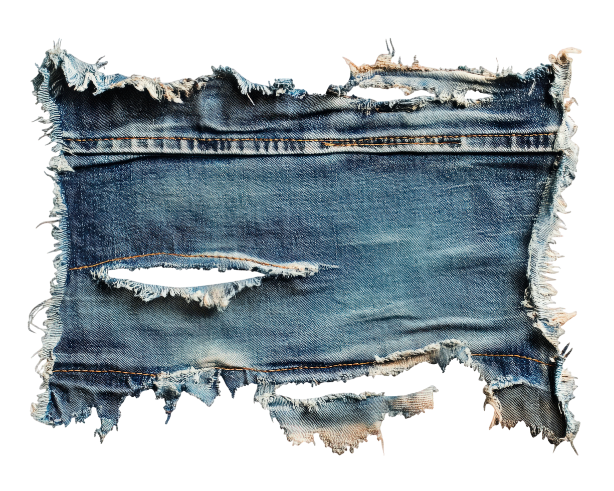 A piece of ripped denim fabric on a black background png