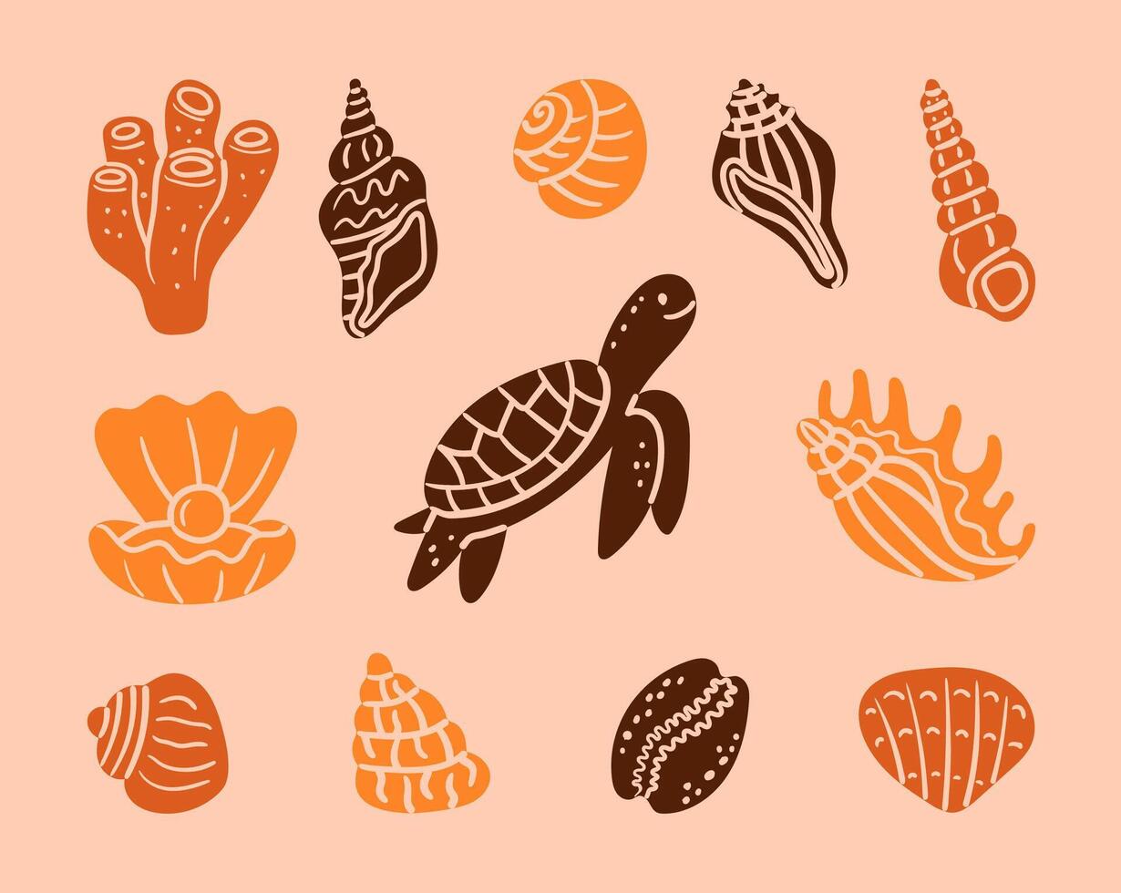 Hand-drawn collage set of ocean element silhouettes in orange and brown tones, including turtle, shells, coral, and clam with pearl, ideal for marine decor, beach designs, and underwater themes vector