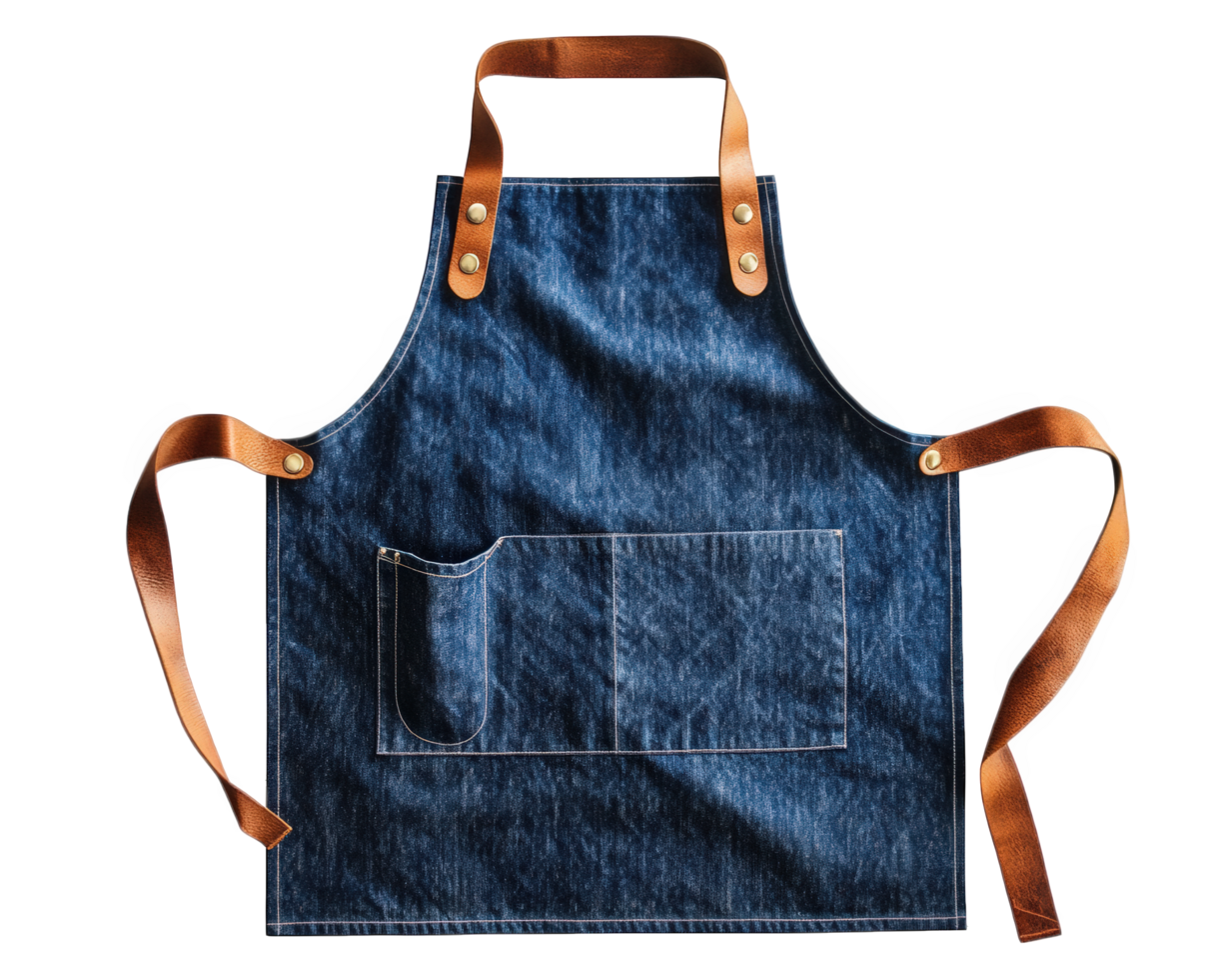 A denim apron with leather straps png